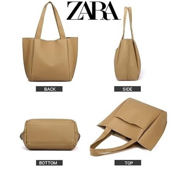 Zara Handbags - Zara - High Quality Soft Faux Leather Slouchy Shoulder Tote bag - Color Khaki
